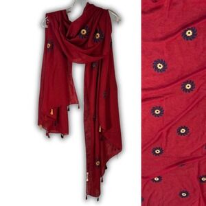 Indigo Soul Women's Red Embroidered Scarf Shawl Wrap Tassels Boho Eclectic Long